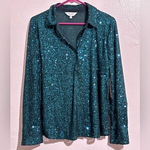 Teal Sequin button down top women’s medium NWT